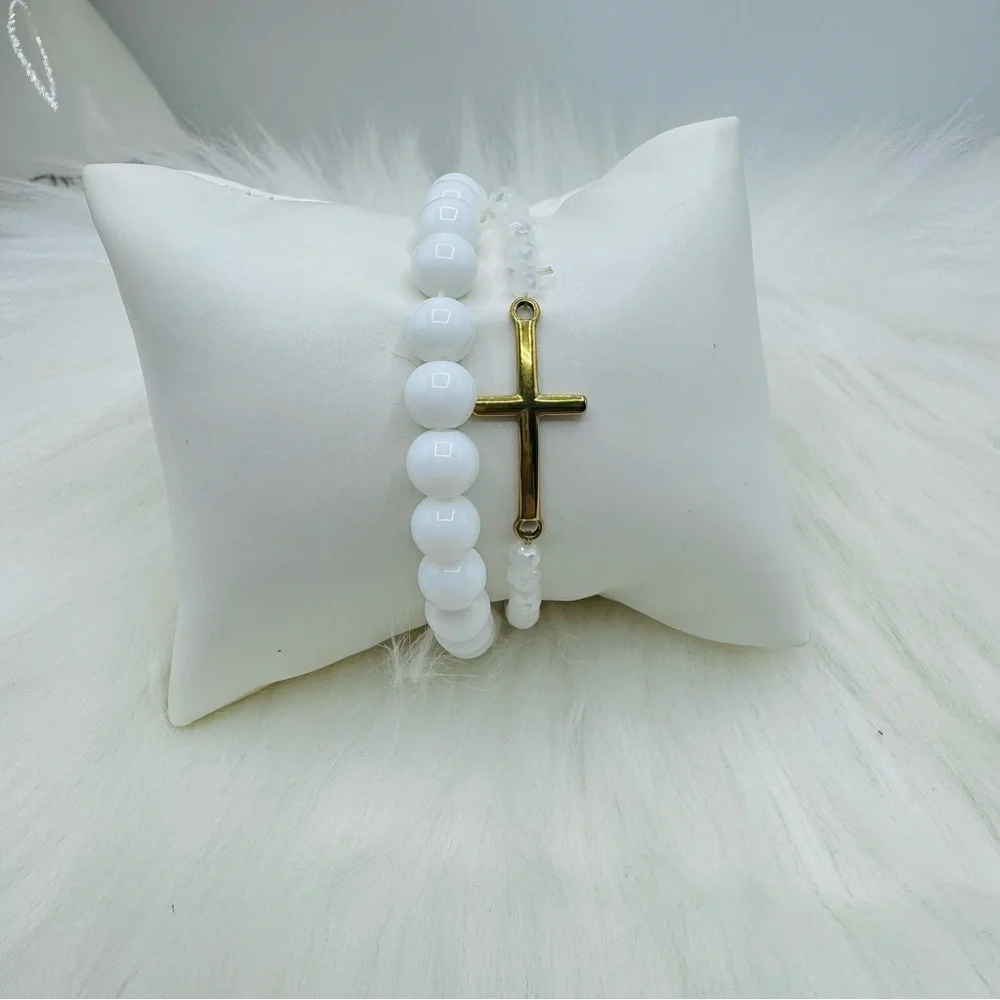 Stainless Steel Cross beaded White Theme  Bracelets